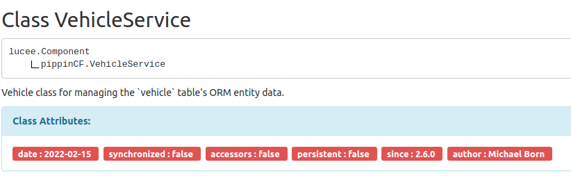 generated HTML documentation showing Since, Date and Author of the component